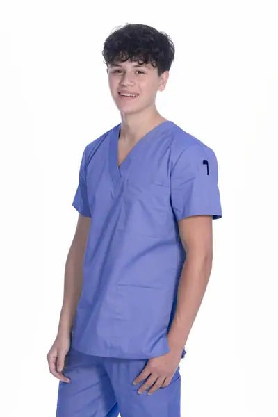 GreenTown Classix 1005 unisex V-neck scrub top in Ceil, worn by a male model