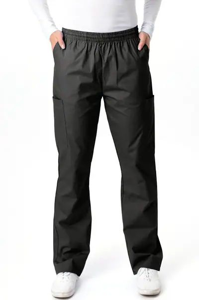 GreenTown Classix 2005 unisex scrub pants in Black, front view on model