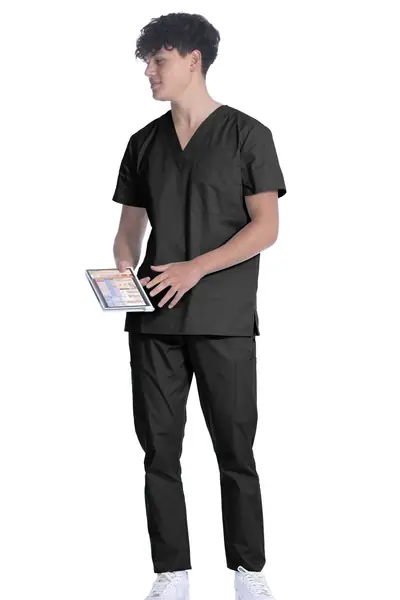 GreenTown Classix 2005 unisex scrub pants in Black, worn with the matching top