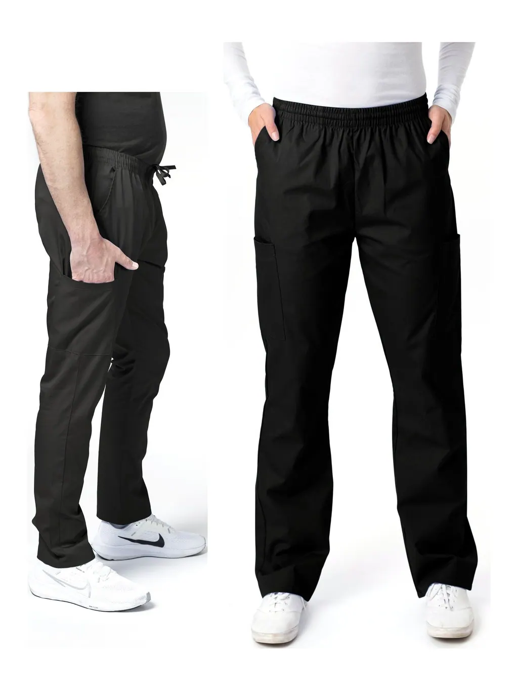 GreenTown Classix 2005 unisex scrub pants in Black, worn by two models