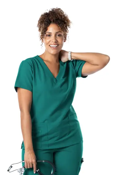 Contemporary Stretch V-Neck Top in Hunter Green, lifestyle