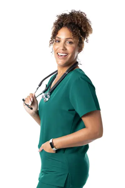 Contemporary Stretch V-Neck Top in Hunter Green, side and pocket