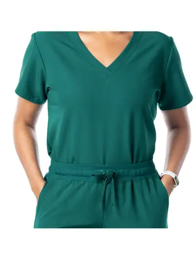 Contemporary Stretch V-Neck Top in Hunter Green, tucked