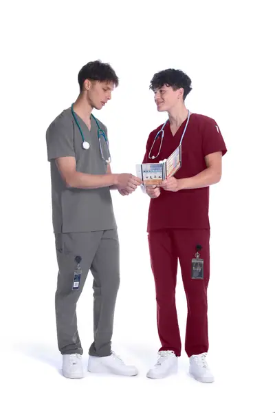 Unisex V-Neck Top and matching pant in Granite and Wine, worn by two models