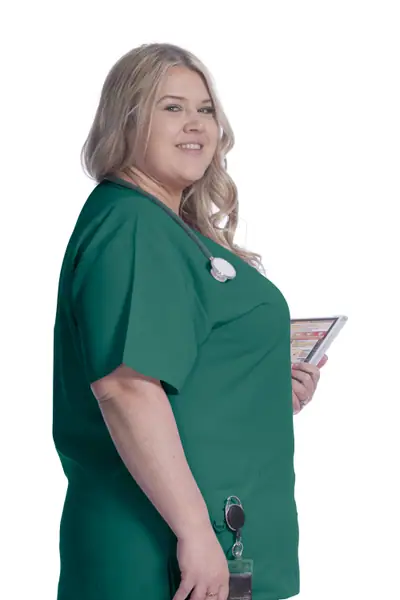 Unisex V-Neck Top in Hunter Green, side view on an alternate model