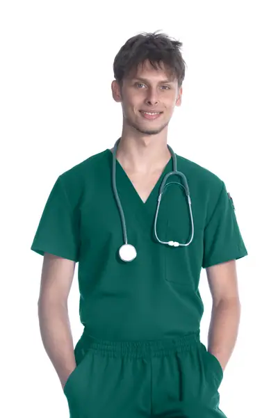 Unisex V-Neck Top in Hunter Green, front view, male model
