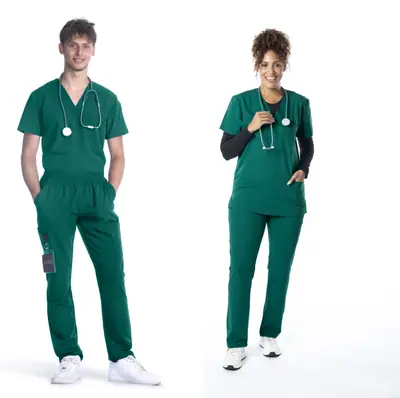 Unisex V-Neck Top in Hunter Green, full length, worn by two models