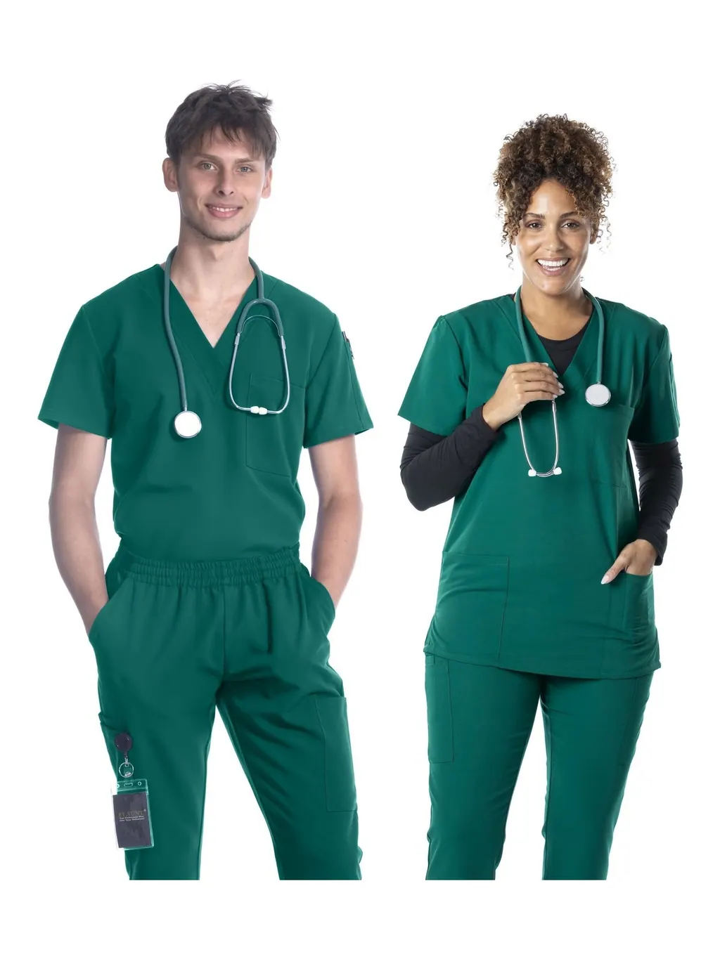 Unisex V-Neck Top in Hunter Green, worn by two models