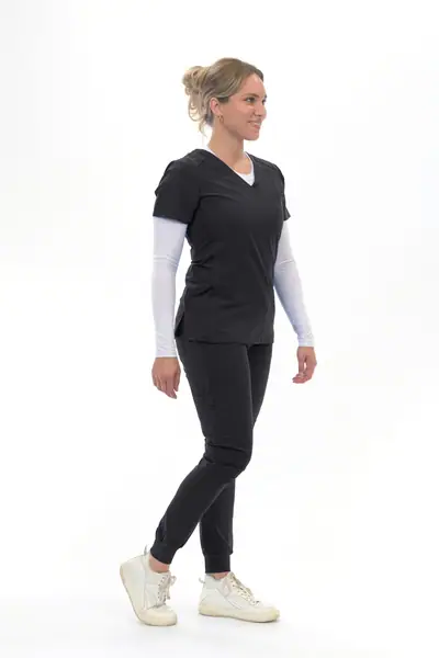 3602 Flaunt Flexi Pro Stretch V-Neck Scrub Top in Black, side view on a second model