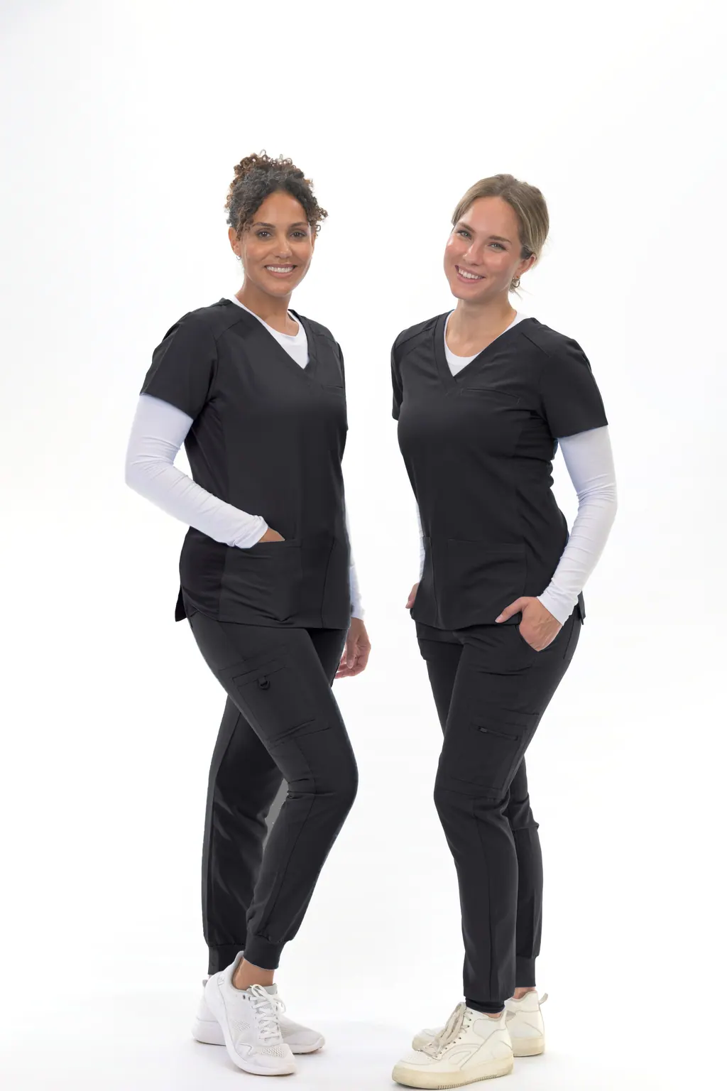 3602 Flaunt Flexi Pro Stretch V-Neck Scrub Top in Black, worn by two models
