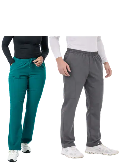 Unisex Fit Pant in Hunter Green and Granite, worn by two models