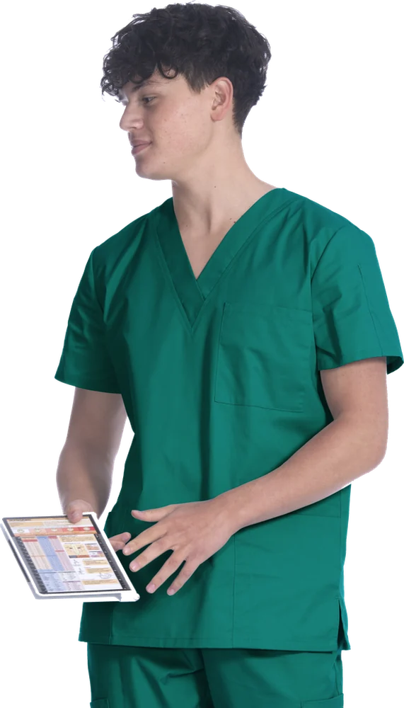 Classix scrubs shown on a model