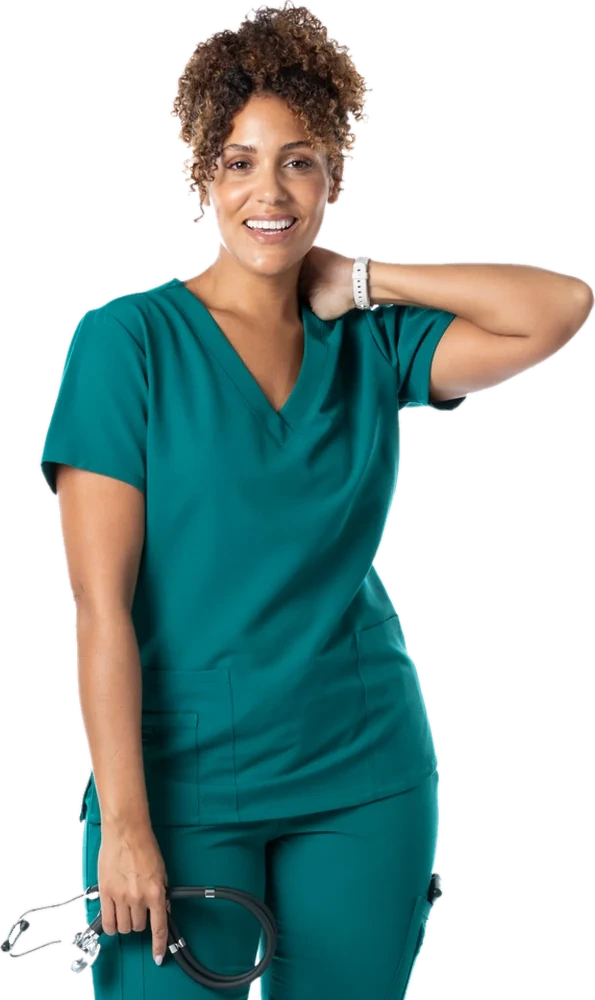 Flaunt scrubs shown on a model