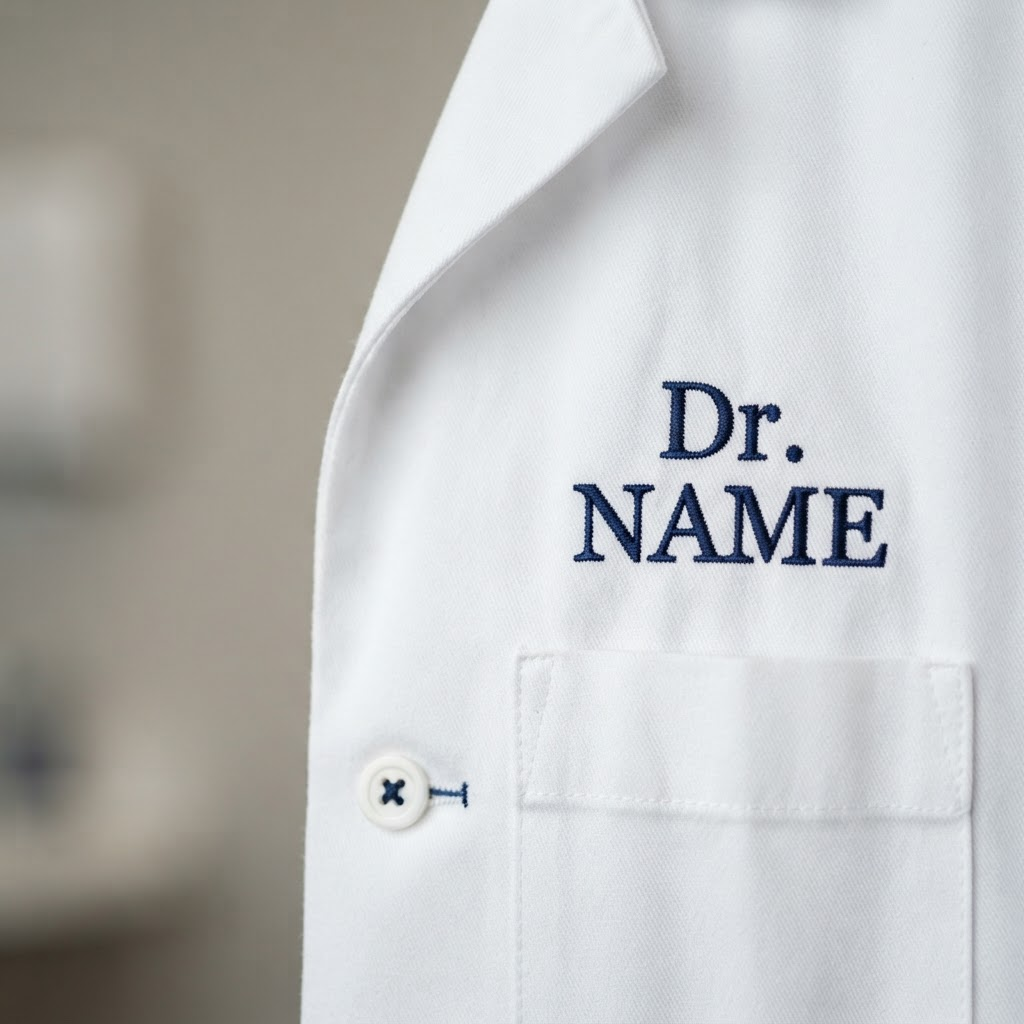 Lab coat with an embroidered name and title designation on the right chest