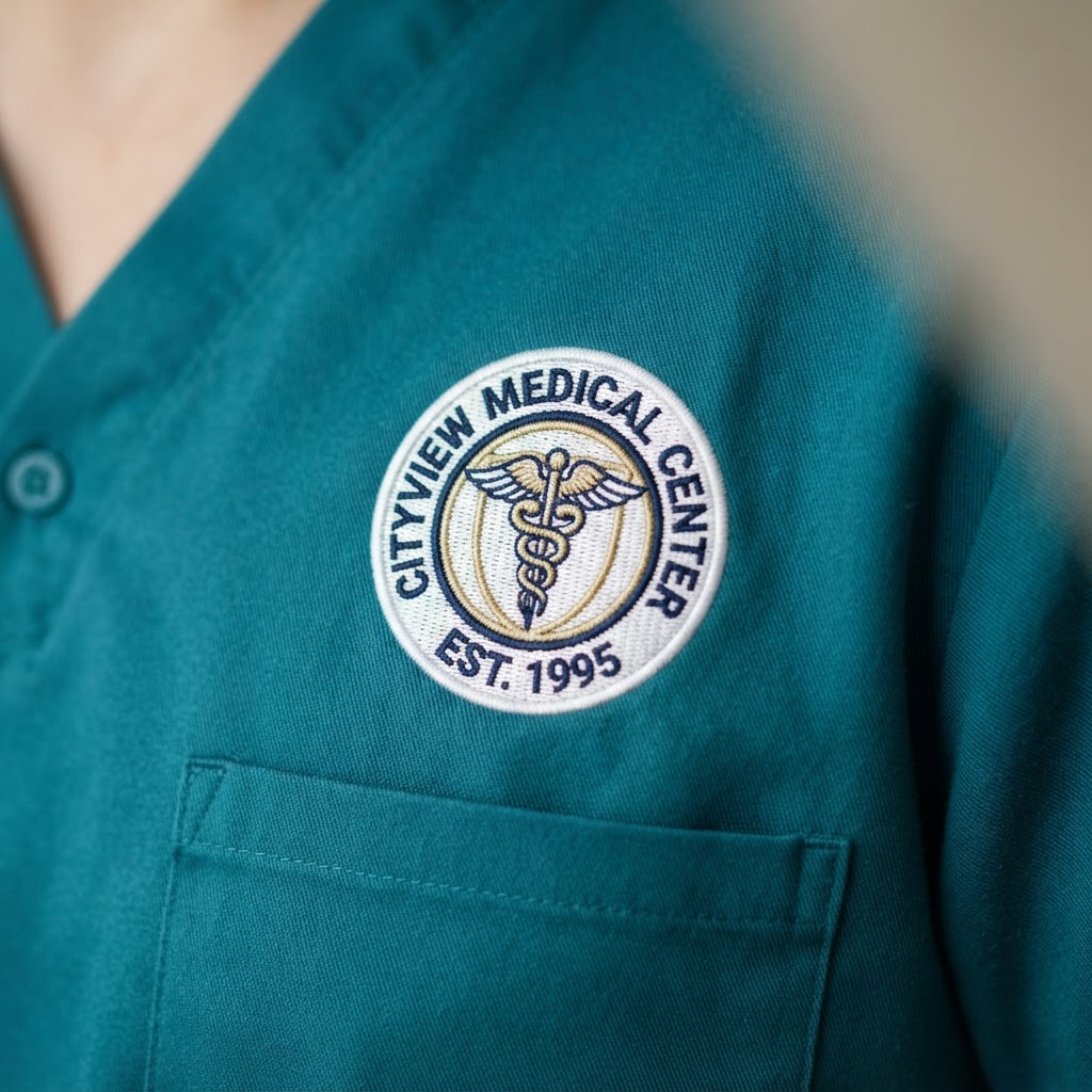 Medical scrub top with a professional logo embroidered on the left chest